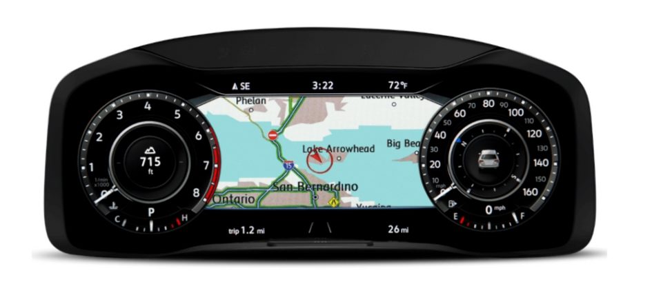 A closeup of VW Digital Cockpit's Wide Map Navigation